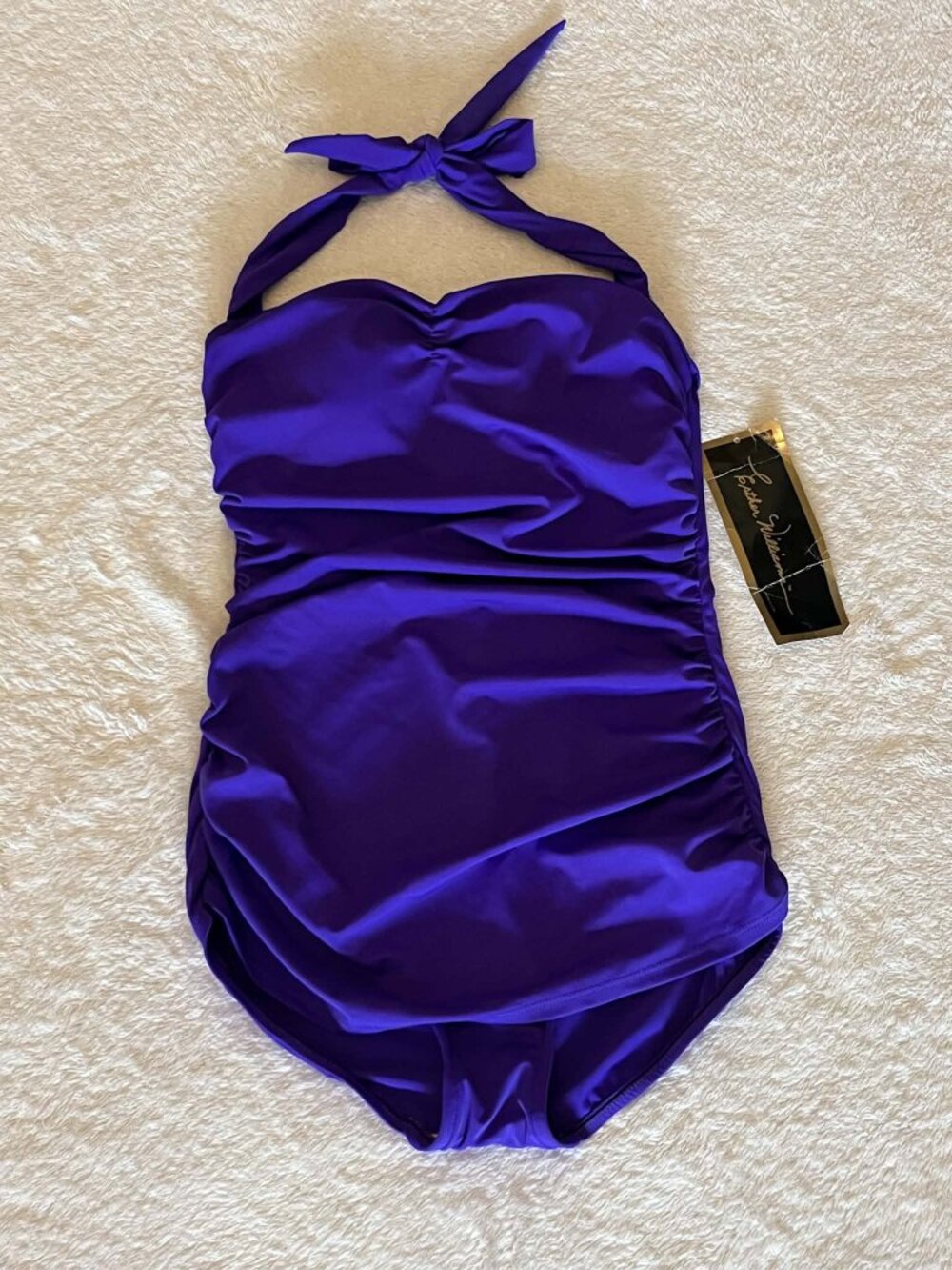 Esther Williams Royal Blue Ruched Halter Neck one piece swimsuit size 14